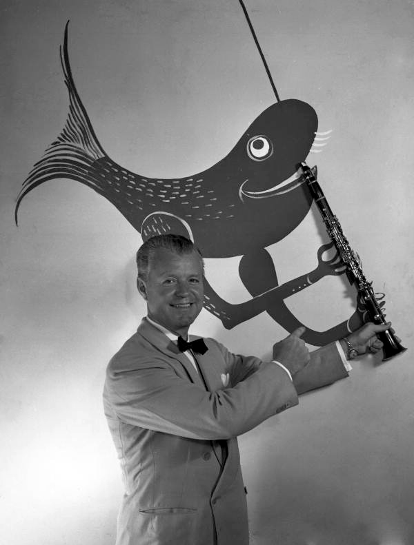 Humorous portrait of band leader Rudy Bundy at the Lido Beach Casino in Sarasota, Florida.