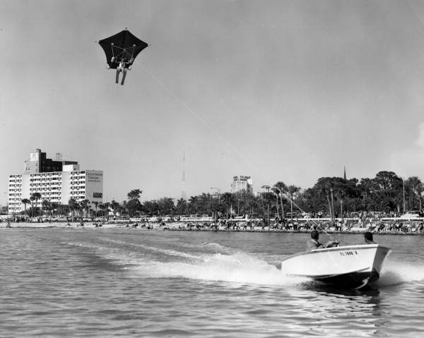 Parakiting performance part of Joe Cash's water ski show in Sarasota, Florida.