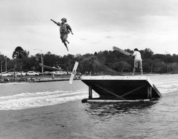Jump performance during Joe Cash's water ski show in Sarasota, Florida.