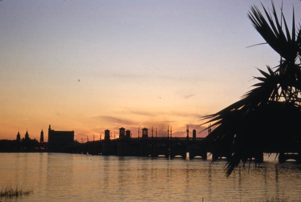 Evening view looking west at the Bridge of Lions in St. Augustine, Florida.