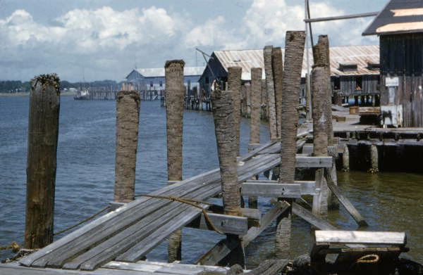 Close-up view showing a dock on the waterfront in St. Augustine, Florida.