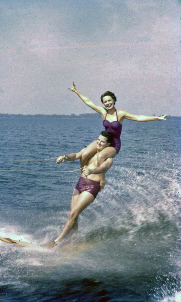 View showing water skiers performing at the Cypress Gardens theme park in Winter Haven, Florida.