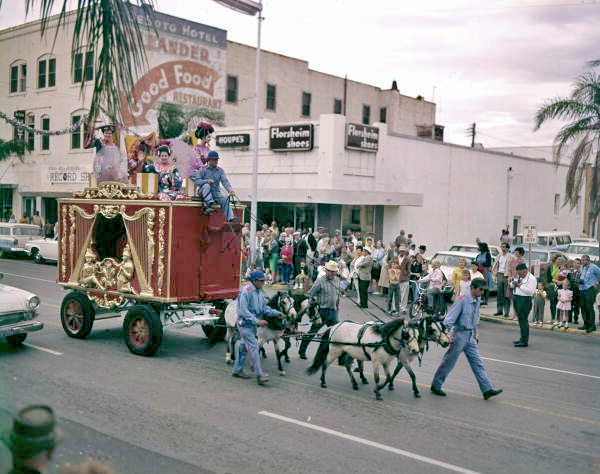 View showing a circus wagon in a parade on Main St. in Sarasota, Florida.