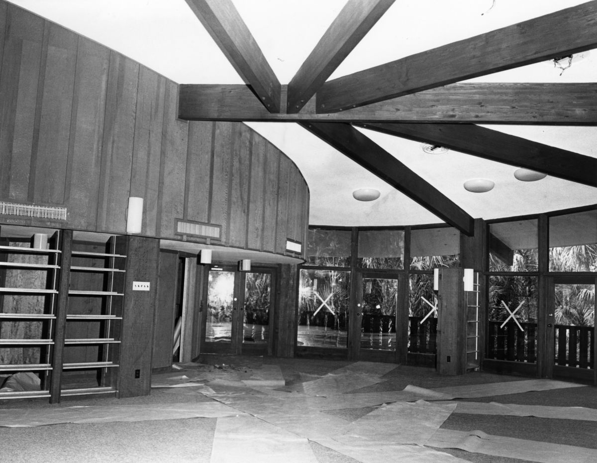 Interior view showing construction of library at the new Koreshan Unity headquarters in Estero, Florida.