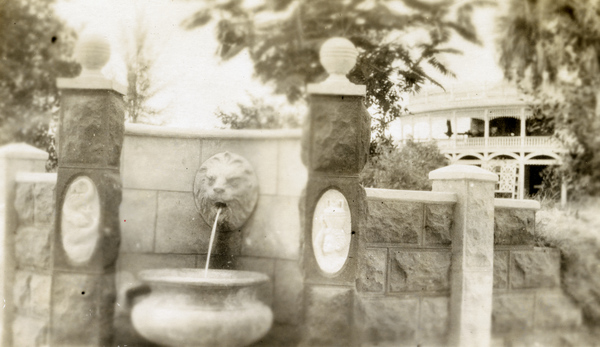 Postcard showing fountain on the Koreshan Unity property in Estero, Florida.