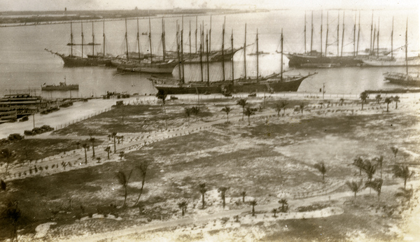 Bird's eye view from the Everglades Hotel showing ships in harbor near Bayfront Park in Miami, Florida.