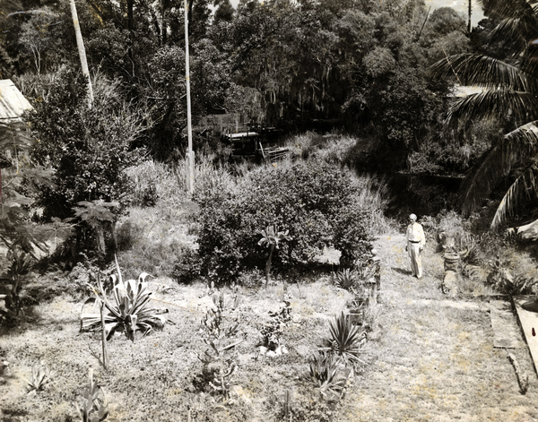 Koreshan Unity president Laurie Bubbett in landscaped garden by the Estero River.