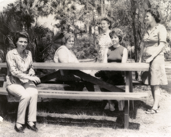 Koreshan Unity president Hedwig Michel, standing in center, with Girl Scout leaders at the Koreshan State Historic Site park in Estero, Florida.