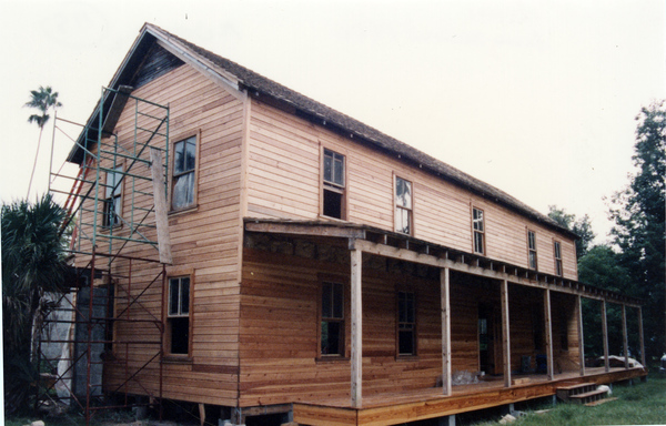 Close-up view showing the Koreshan Unity founder's home during restoration at the Koreshan State Historic Site park in Estero, Florida.