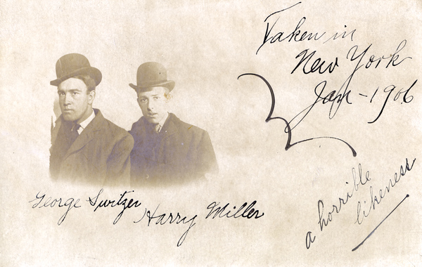 Postcard showing the portraits of George Switzer and Harry Miller.