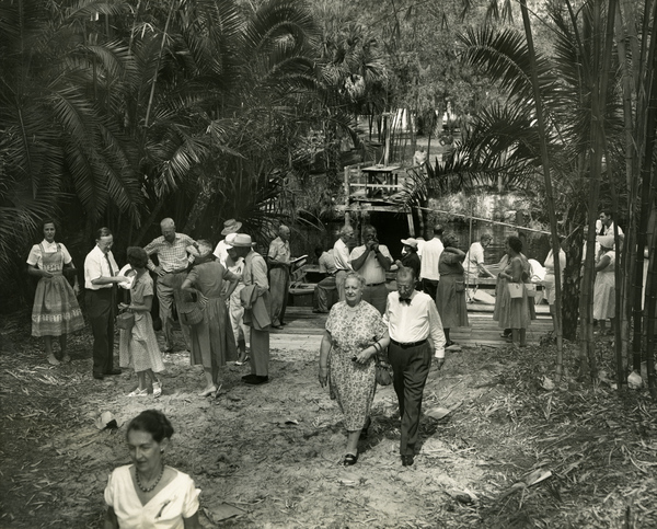 Koreshan Unity president L.W. Bubbett greeting guests at Bamboo Landing during the 1957 Solar Festival.