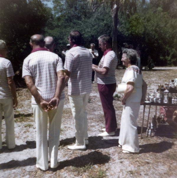 Koreshan Unity president Hedwig Michel and Barbershoppers at the 1974 Lunar Festival.