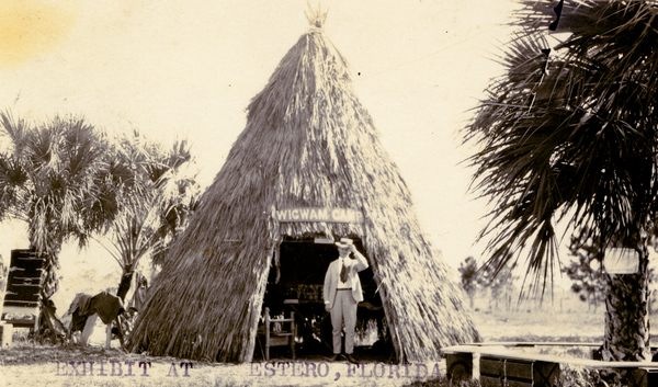 Postcard showing David Richards at Koreshan exhibit "Wigwam Camp" in Estero, Florida.