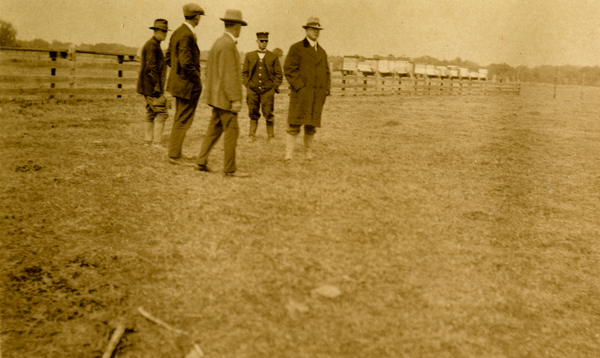 Postcard showing a group of men standing in a field.