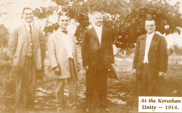 Postcard showing men "at the Koreshan Unity".
