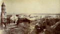 Bird's eye view looking over plaza toward the Old Spanish cathedral in St. Augustine, Florida.