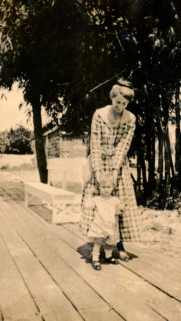 Unidentified Koreshan mother and child at Bamboo Landing in Estero, Florida.