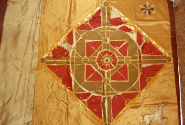Close-up view of the Koreshan Unity flag.