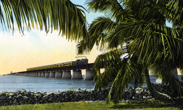Postcard of a Florida East Coast Railway train crossing Moser Channel on the Key West extension of the Overseas Railroad.