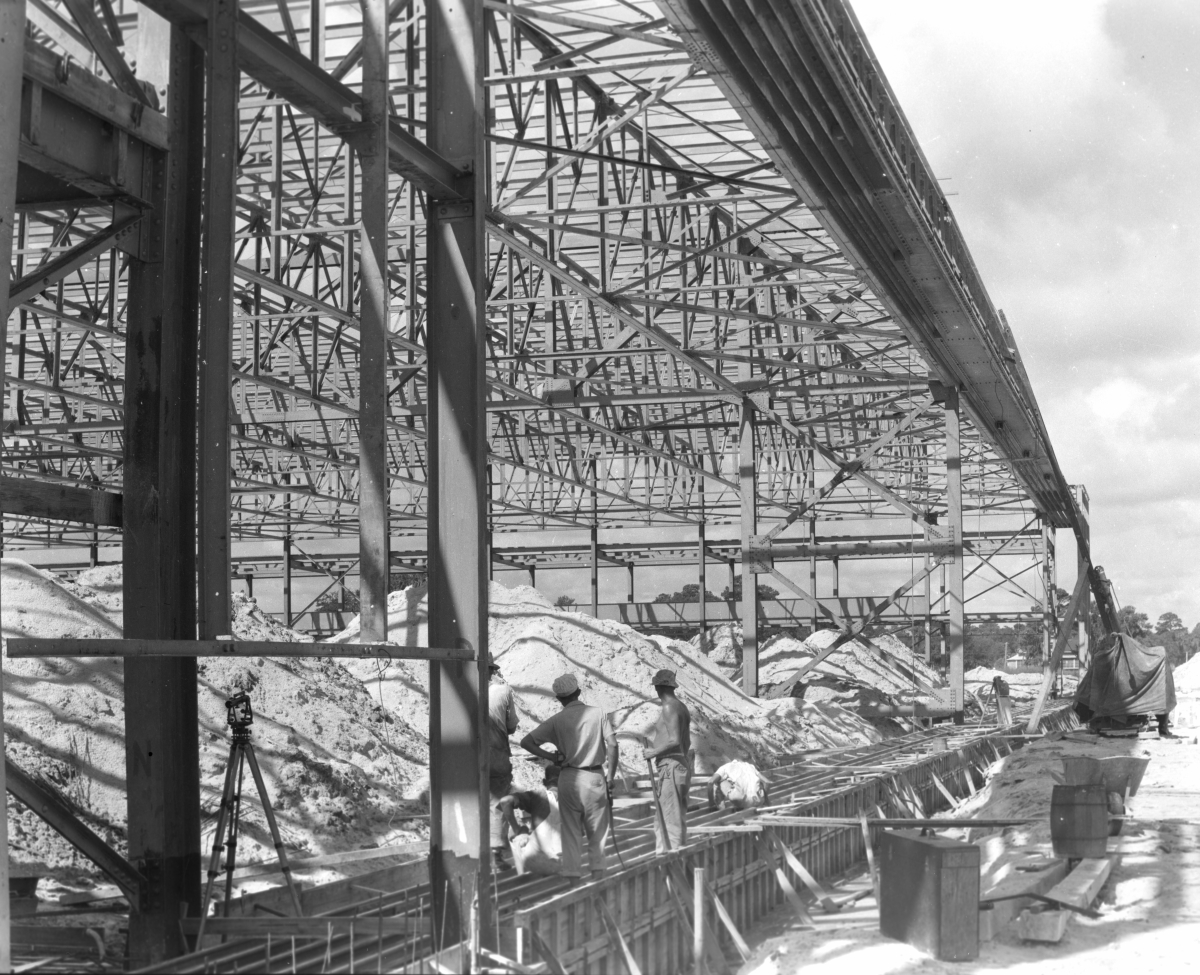 Close-up view showing seaplane hangars under construction near Lake Okeechobee.