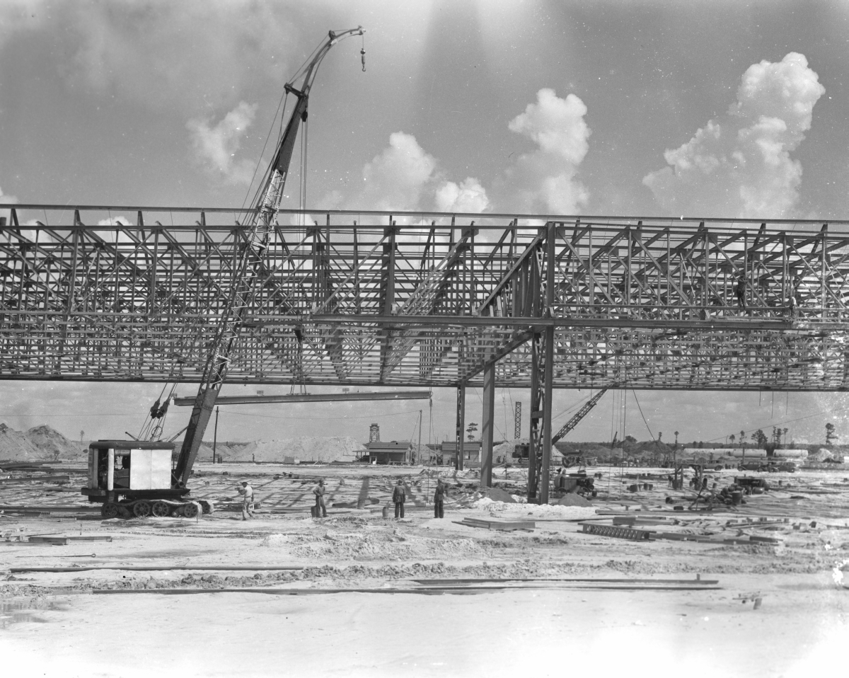 Close-up view showing seaplane hangar under construction near Lake Okeechobee.