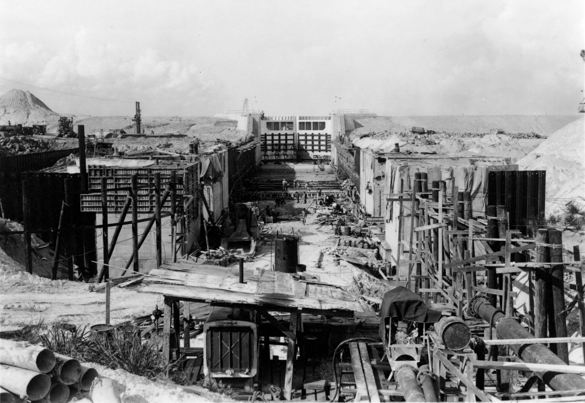 Close-up view showing construction of a hydraulic lock near Lake Okeechobee.