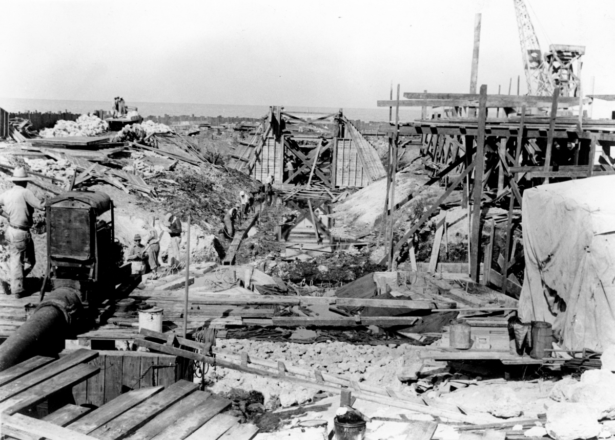 Close-up view showing construction of a hydraulic lock near Lake Okeechobee.