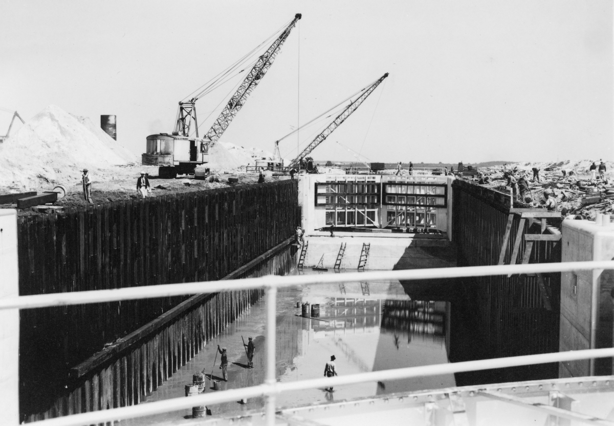 Close-up view showing construction of a hydraulic lock near Lake Okeechobee.