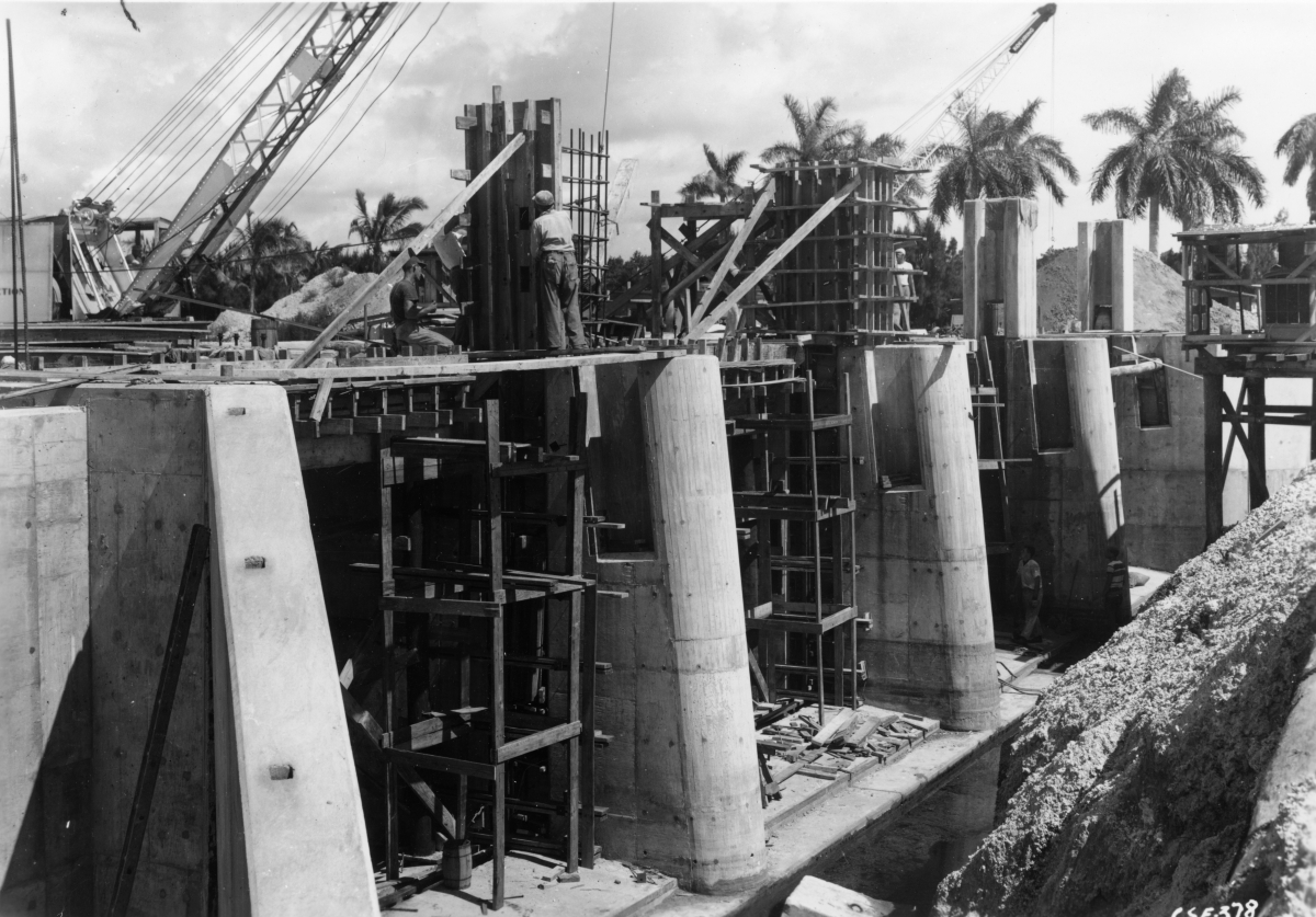 Close-up view showing hydraulic structure being built in the CSF Flood Control District at Lake Okeechobee.