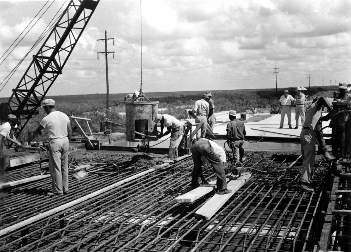 Concrete being poured during construction of hydraulic structure near Lake Okeechobee.