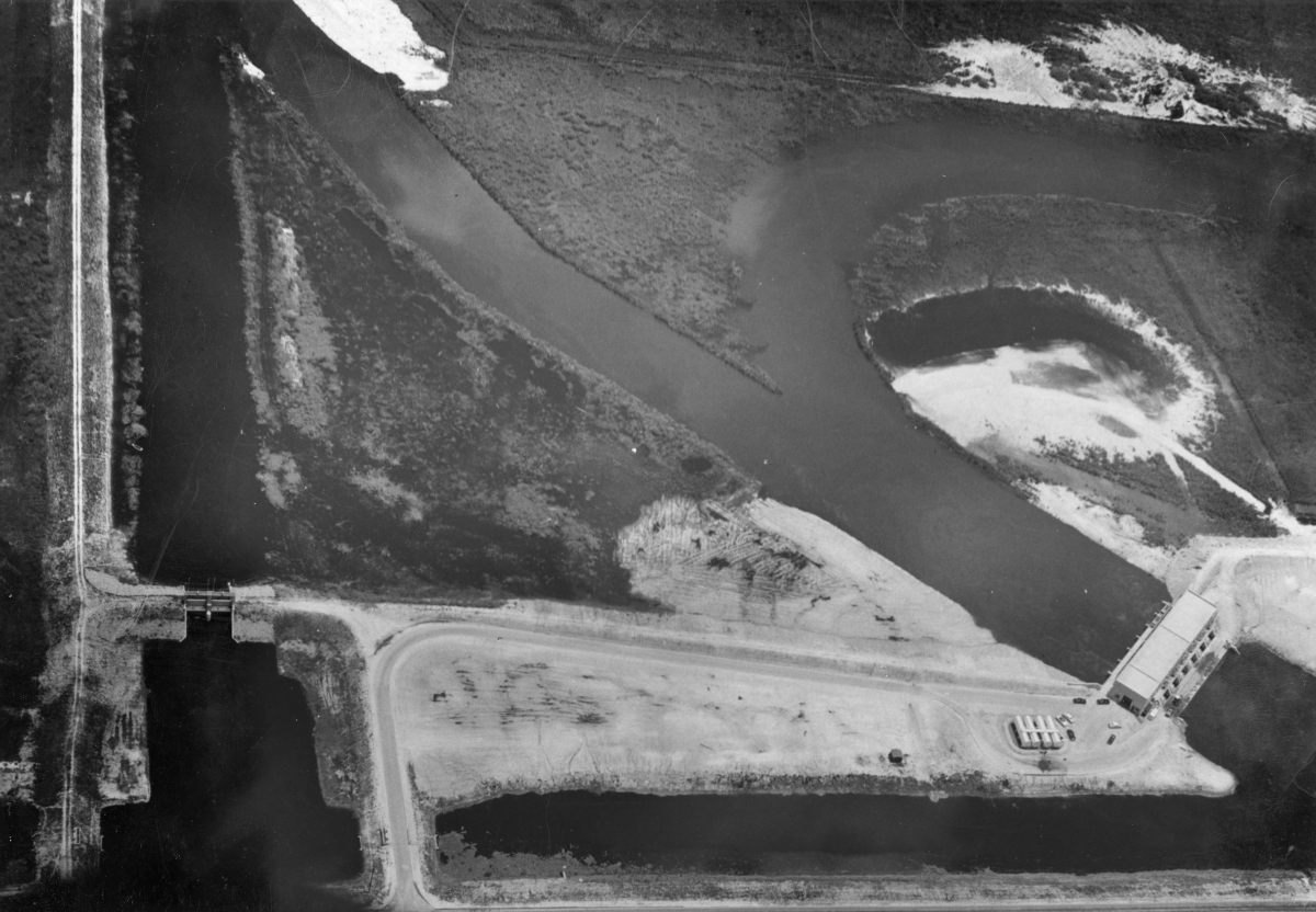 Aerial view overlooking hydraulic structures in the CSF Flood Control District at Twentymile Bend.