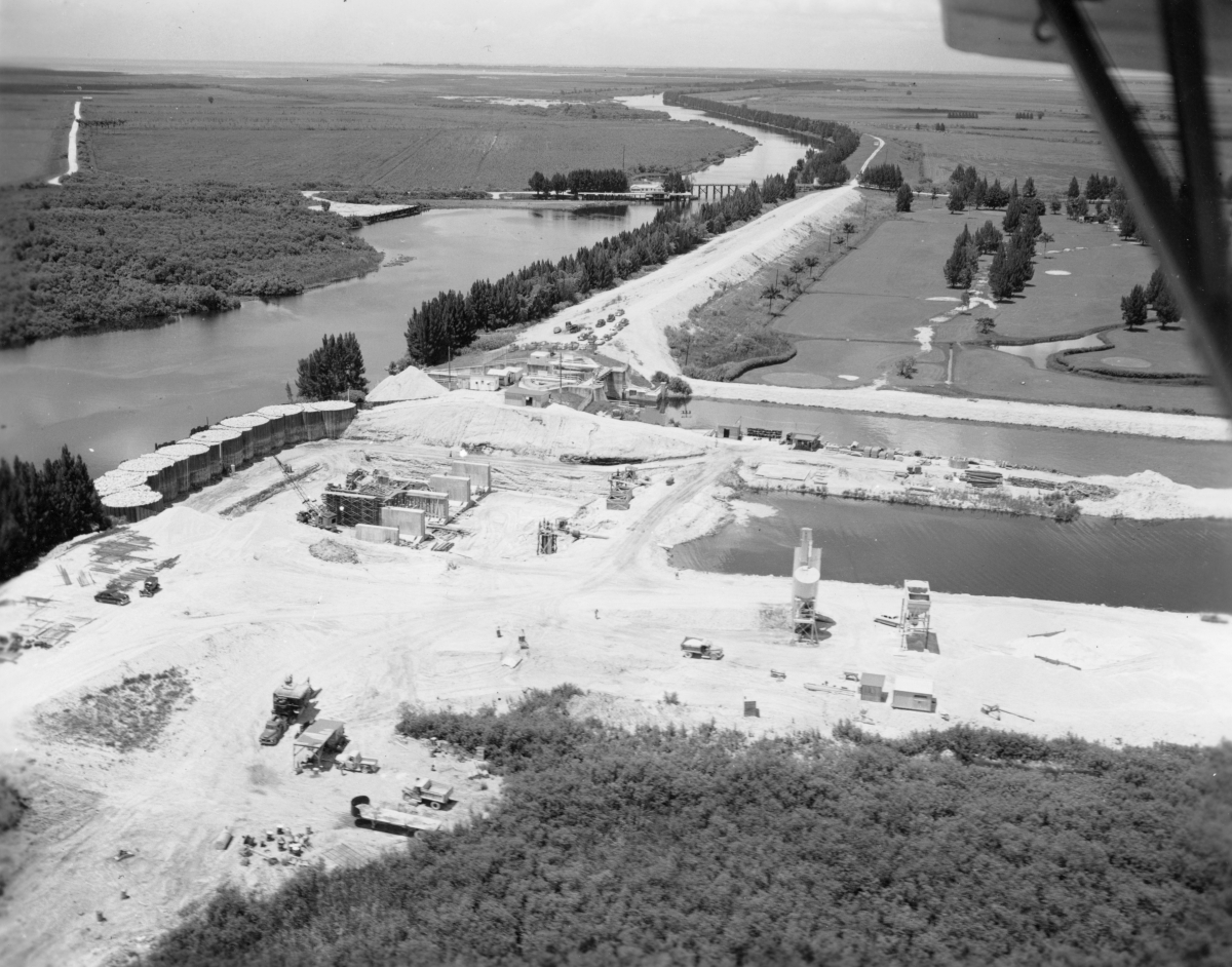 Aerial view overlooking pumping station and hydraulic gate in the CSF Flood Control District near Lake Okeechobee.