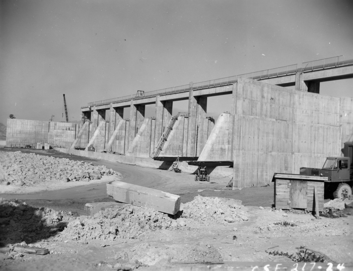 Close-up view showing construction of spillway in the CSF Flood Control District near Lake Okeechobee.