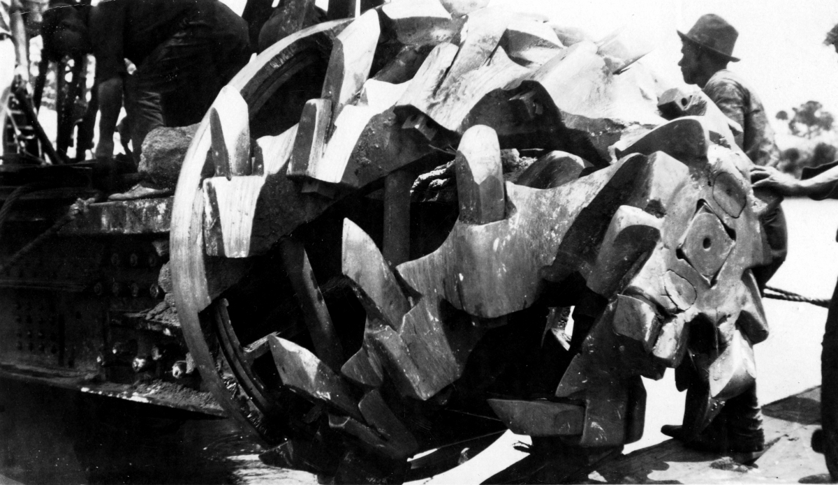 Close-up view of a rock cutter in the Everglades Drainage District.