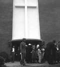 Guests outside the Blessed Sacrament Catholic Church following an African American wedding ceremony in Tallahassee, Florida.