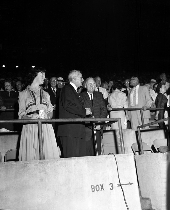 Governor LeRoy Collins, left, with FSU president Gordon Blackwell at a Seminoles football game in Tallahassee.