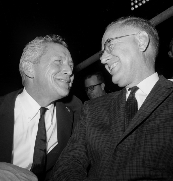 Governor LeRoy Collins, left, with FSU president Gordon Blackwell at a Seminoles football game in Tallahassee.