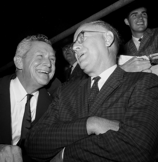 Governor LeRoy Collins, left, with FSU president Gordon Blackwell at a Seminoles football game in Tallahassee.