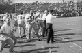 FSU offensive ends coach Bobby Bowden on sideline with players during game in Tallahassee against the University of Kentucky.