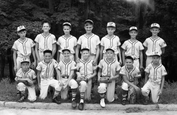 Group portrait of Capital Park baseball team at Myers Park for Little League tournament in Tallahassee.