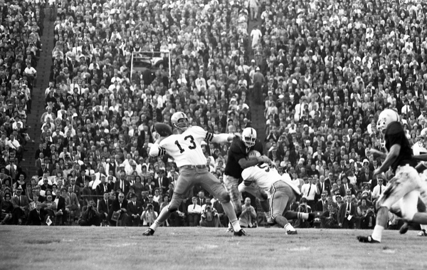 FSU quarterback #13 Steve Tensi throwing the football during game against the University of Oklahoma at the Gator Bowl in Jacksonville.
