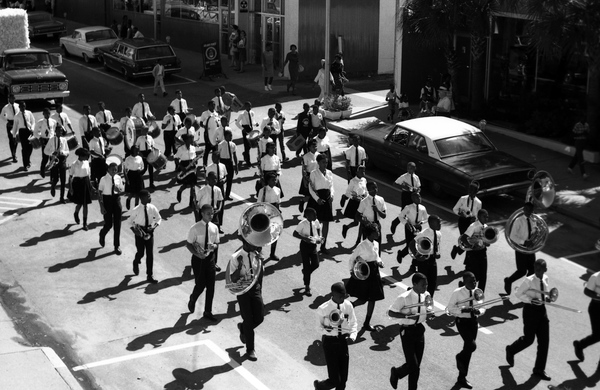 Marching band in the FAMU homecoming parade heading west on Call St. in Tallahassee.