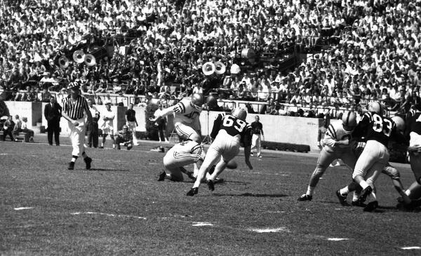 Player kicking the football during FSU "Garnet and Gold" spring game in Tallahassee.