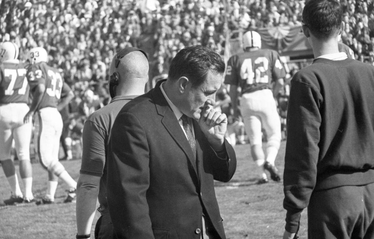 FSU head coach Bill Peterson on sideline during Gator Bowl game against PSU in Jacksonville.
