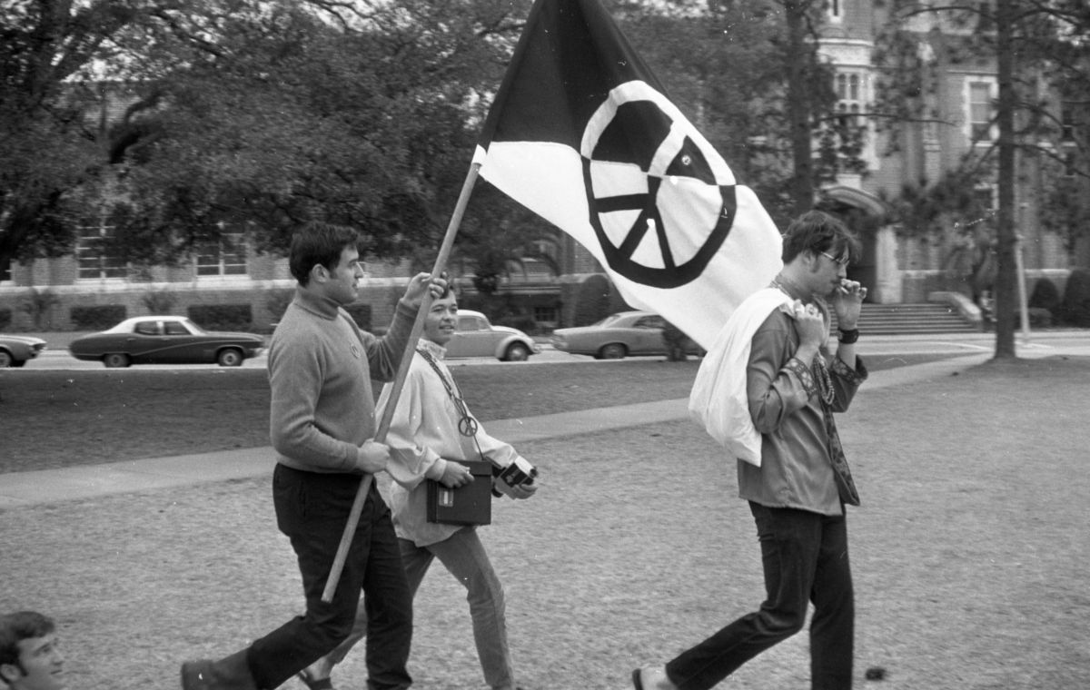 FSU students with peace flag at "love in" on Landis Green in Tallahassee.
