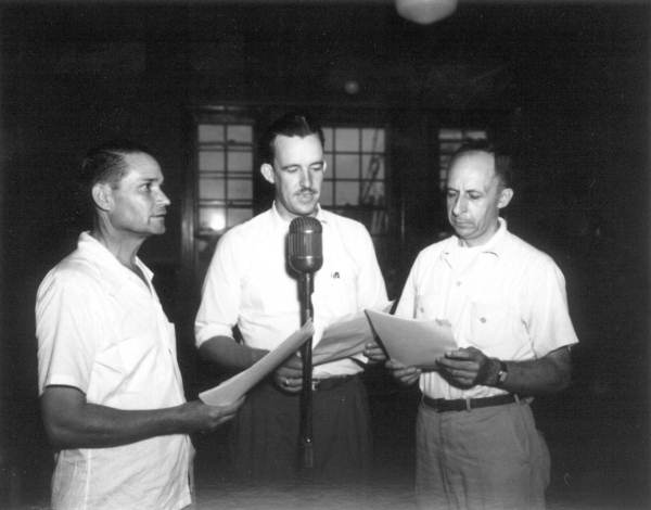 Radio speakers during a broadcast