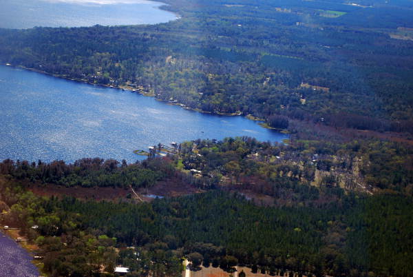 Aerial view overlooking the north end of Lake Santa Fe near Waldo, Florida.