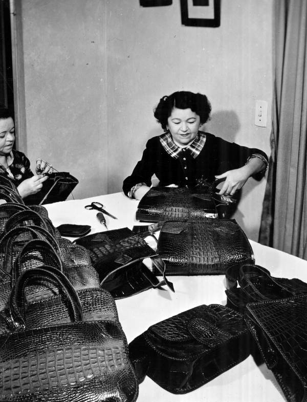 Employees making alligator handbags at the Wild Animal Farm in Saint Petersburg, Florida.