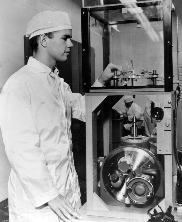 Technician testing gyros at the Minneapolis-Honeywell Regulator Company facility in St. Petersburg, Florida.