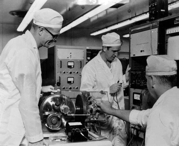 Technicians testing gyros at the Minneapolis-Honeywell Regulator Company plant in St. Petersburg, Florida.